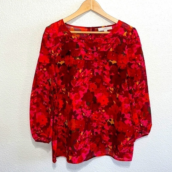 Loft Red Orange Tiered Floral Sheer Woman Blouse - Picture 1 of 11